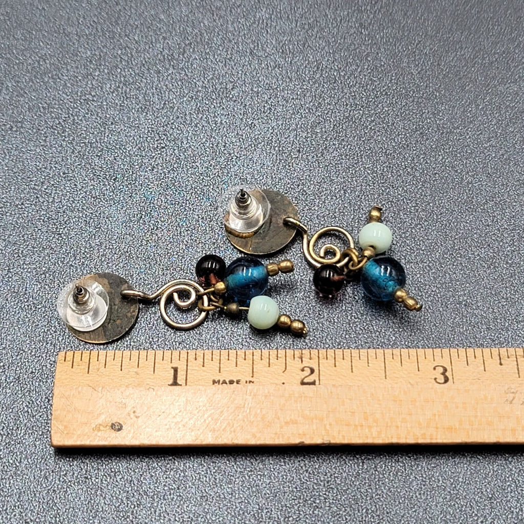 Pierced Earrings Tri tone Metals Glass Bead Modernist Dangle 1.75"