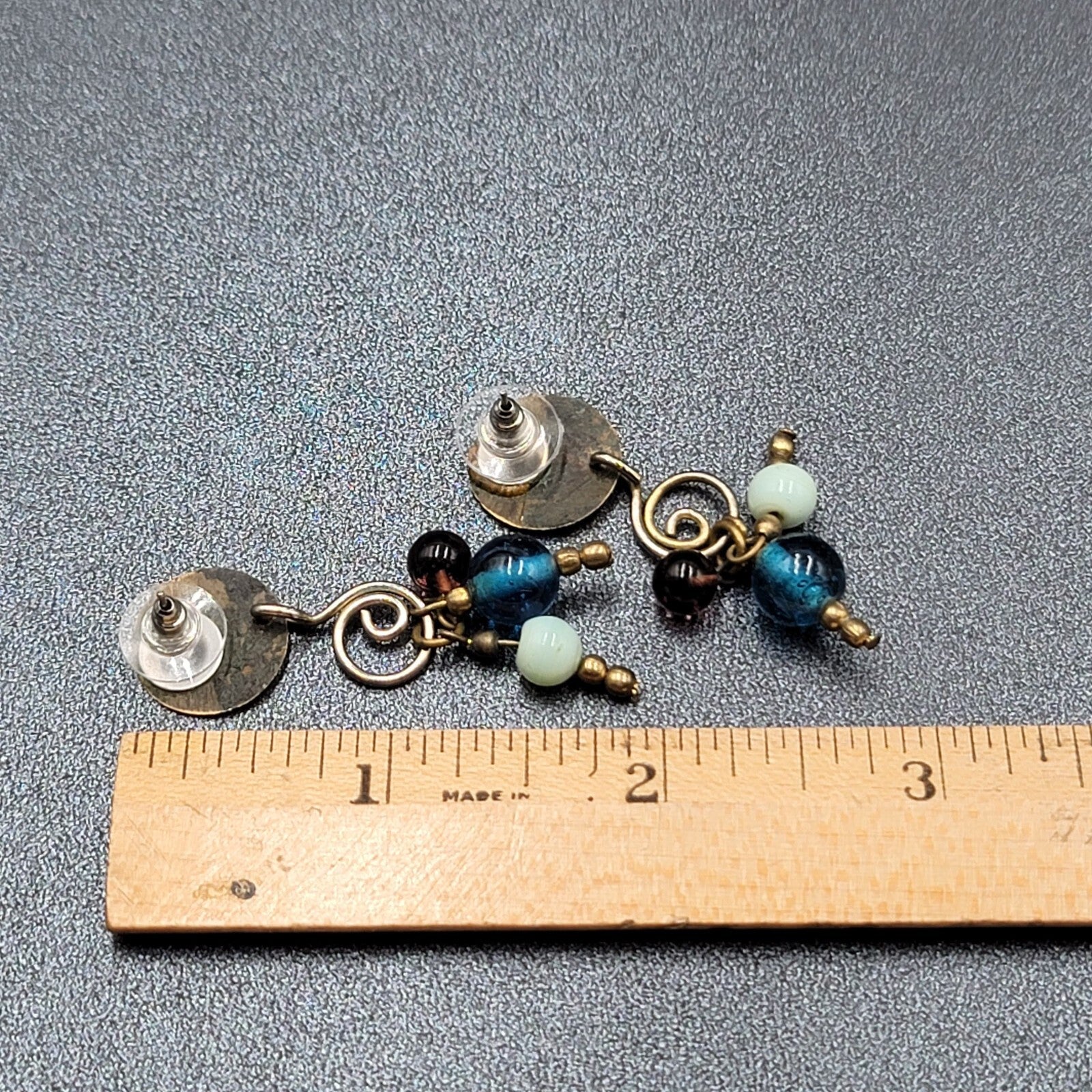 Pierced Earrings Tri tone Metals Glass Bead Modernist Dangle 1.75"
