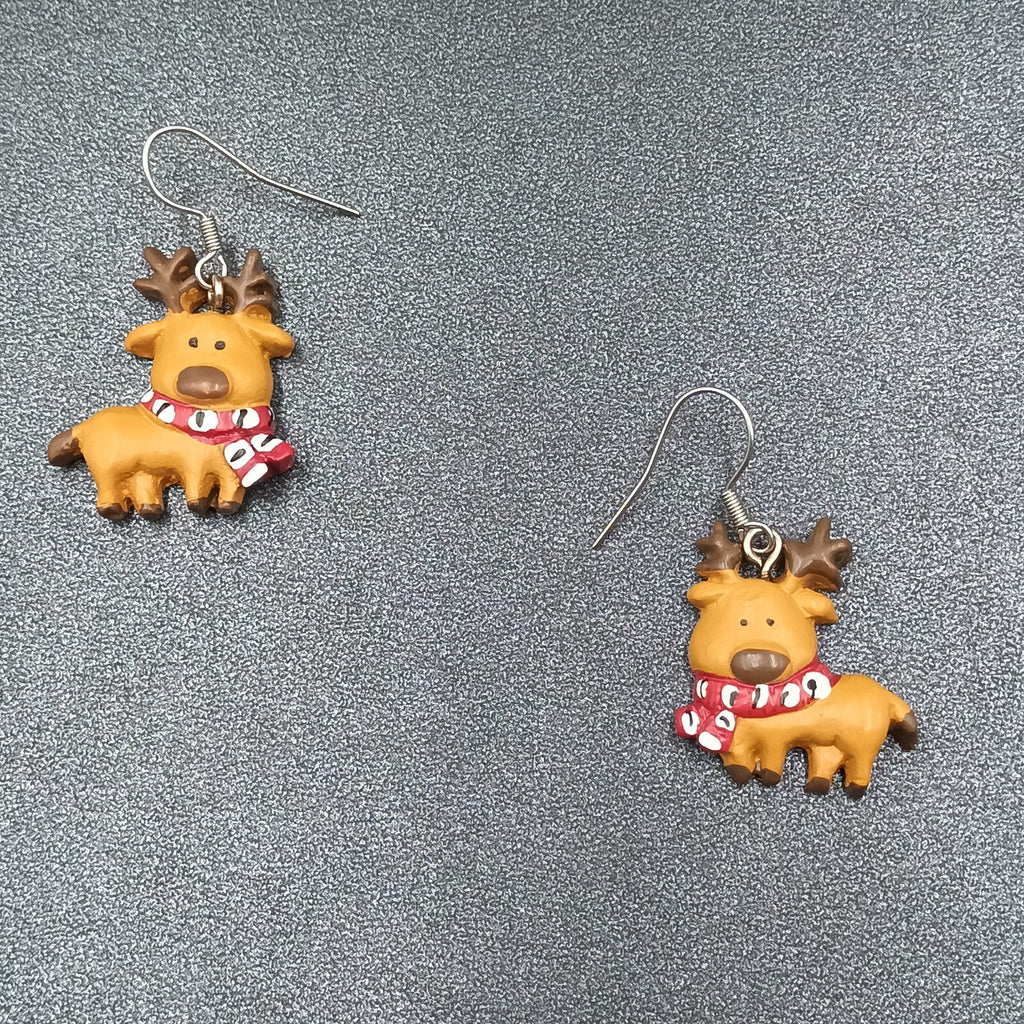 Pierced Earrings Christmas Painted Reindeer Statement Dangle 1"