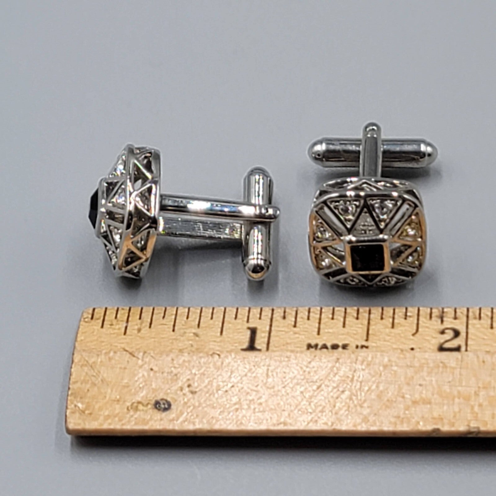 Rhinestone Silver Tone Cufflinks Square Black Center 3/4"