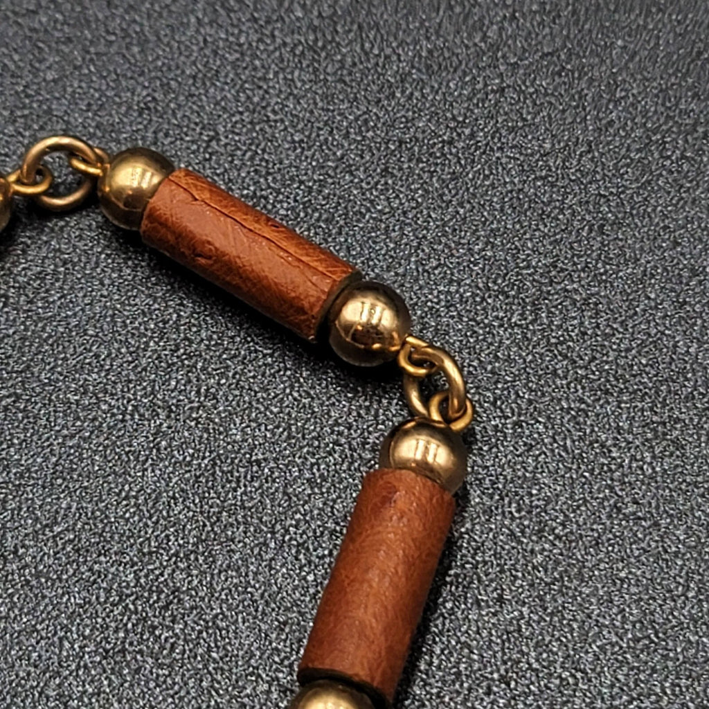 Vintage Bracelet Gold tone Brown Ostrich Leather Ace Clover Diamond Heart 7.5"