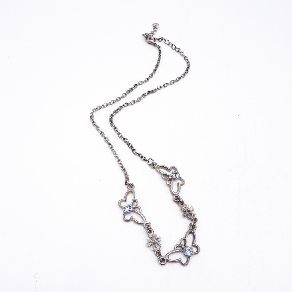 Silver tone Chain Butterfly Necklace Blue Rhinestone Accents Collar  14" - 16"