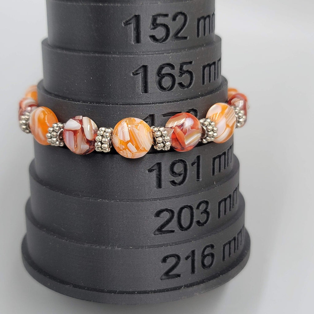 Glass Bead Stretch Bracelet Red White Orange White Silver tone 7"
