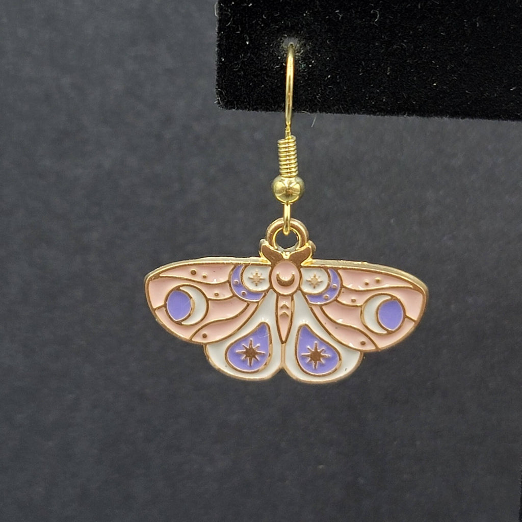 Moth Pierced Earrings Gold tone Pink Purple White Enamel Dangle 5/8"