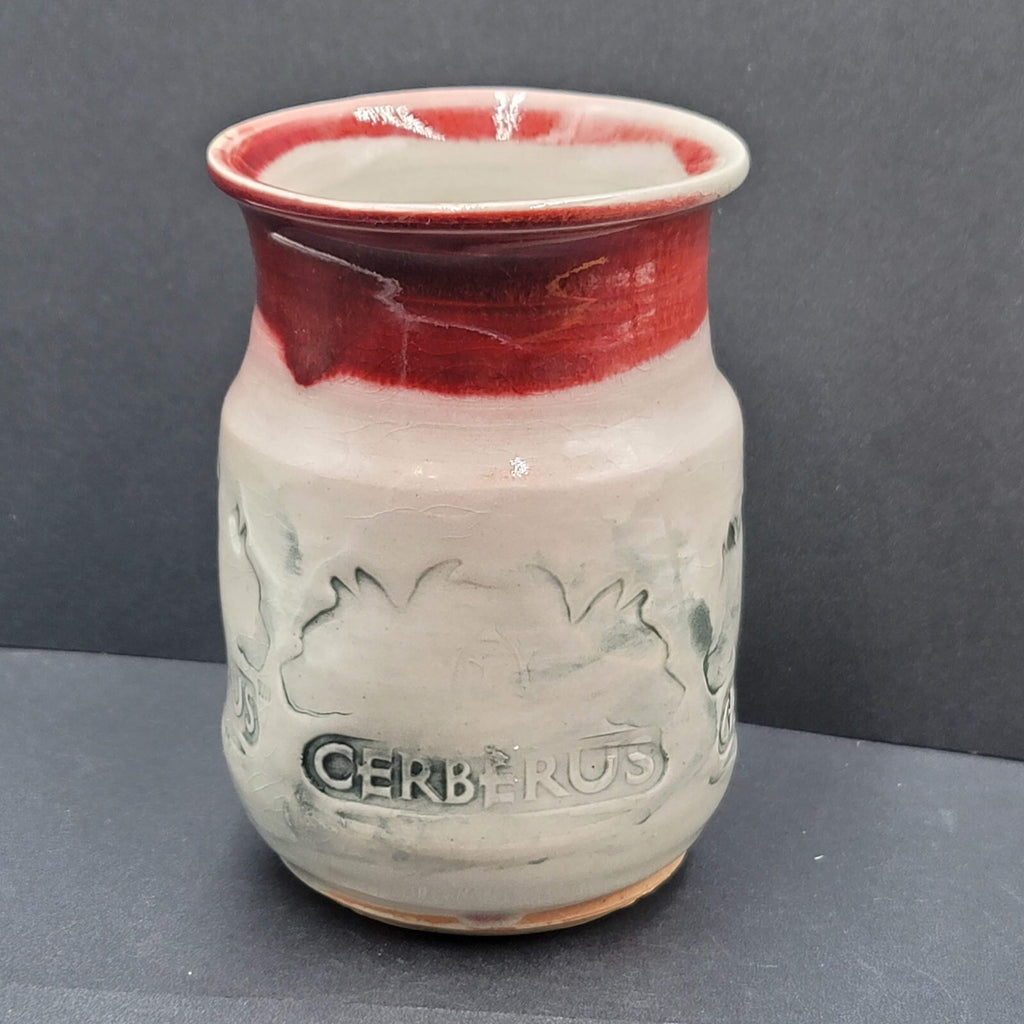 Cerberus Dog Handmade Pottery Coffee Mug Mythical Beast Red Gray Blue