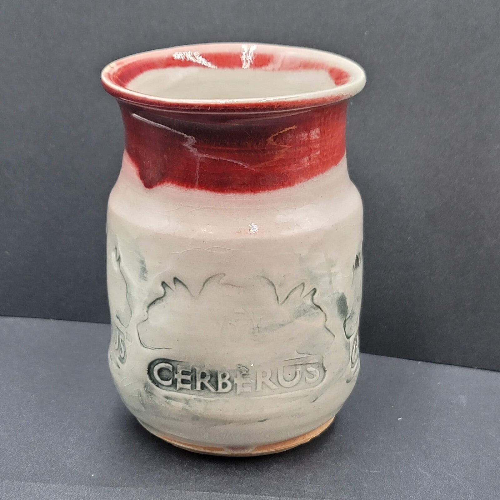 Cerberus Dog Handmade Pottery Coffee Mug Mythical Beast Red Gray Blue