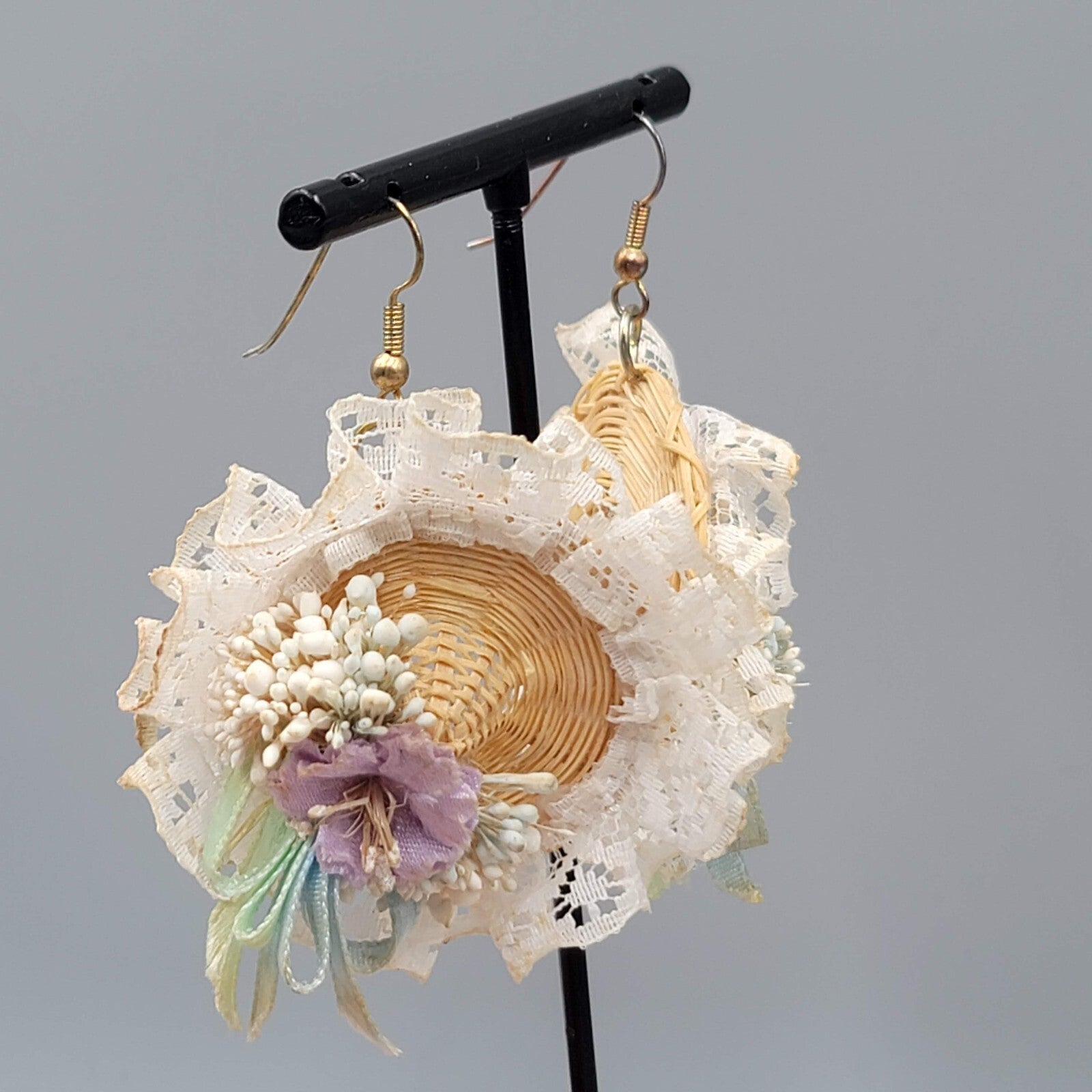 Vintage Wicker Bonnet Pierced Earrings Dangle 1980s 2"