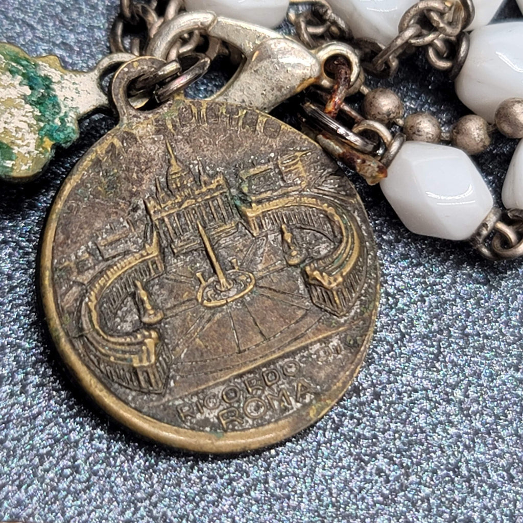 Vintage Pont Max Pius XII Crucifix Rosary Bracelet Car Hanger White Bead