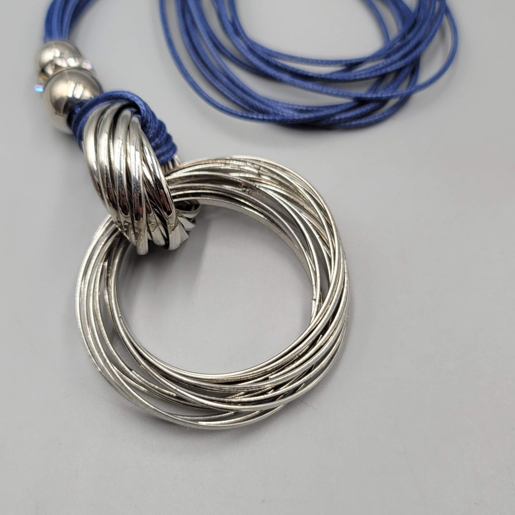 Long Necklace Blue Cord Silver tone Rhinestones 28"