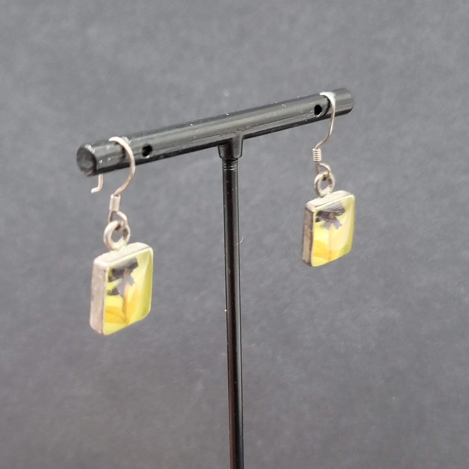 Pierced Earrings Sterling Silver Real Flower in Resin Dangle 5/8"