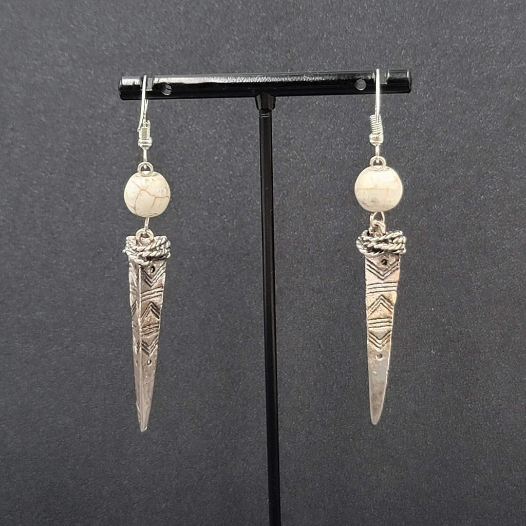 Pierced Earrings Silver tone White Stone Bead Dangle Spike 2.25"