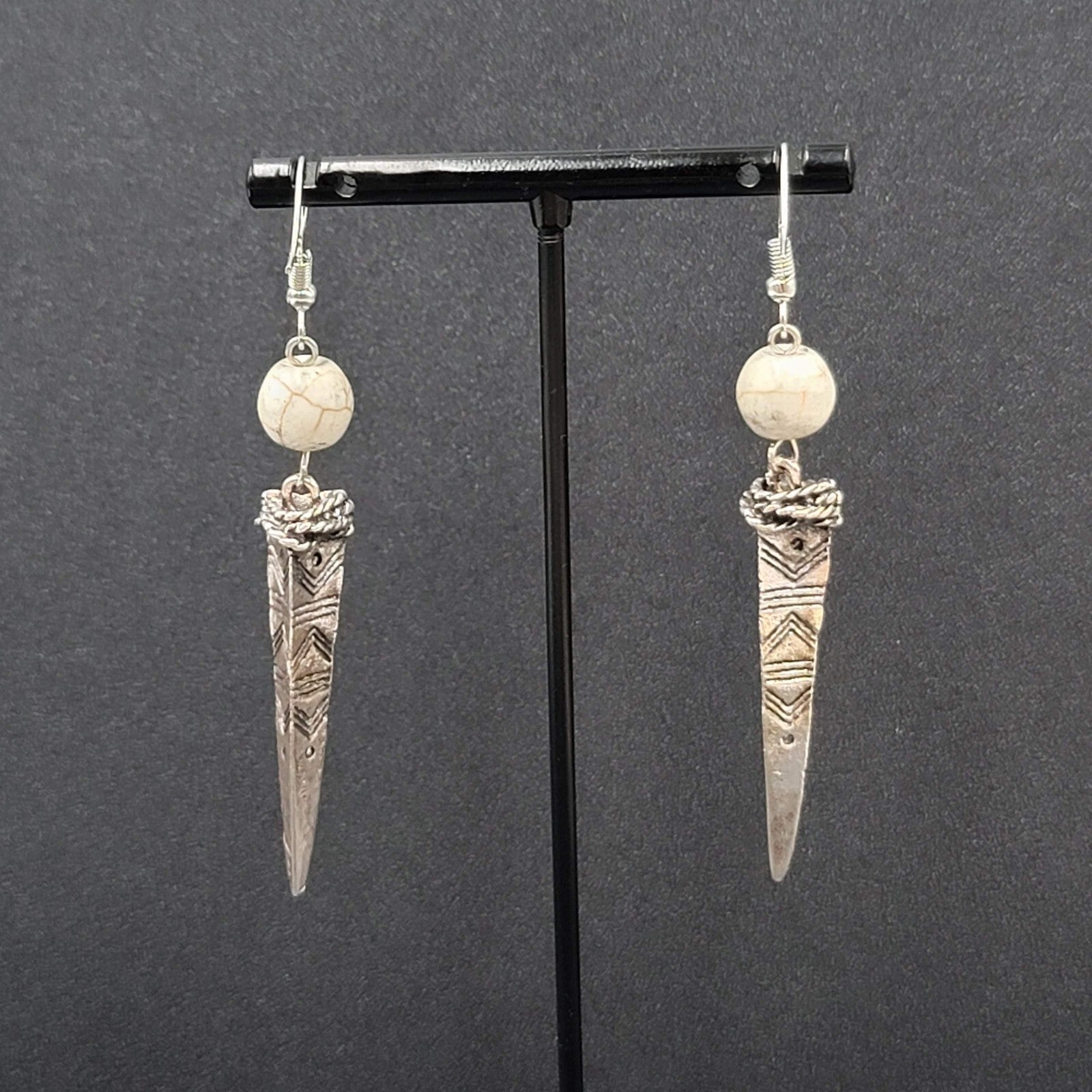 Pierced Earrings Silver tone White Stone Bead Dangle Spike 2.25"