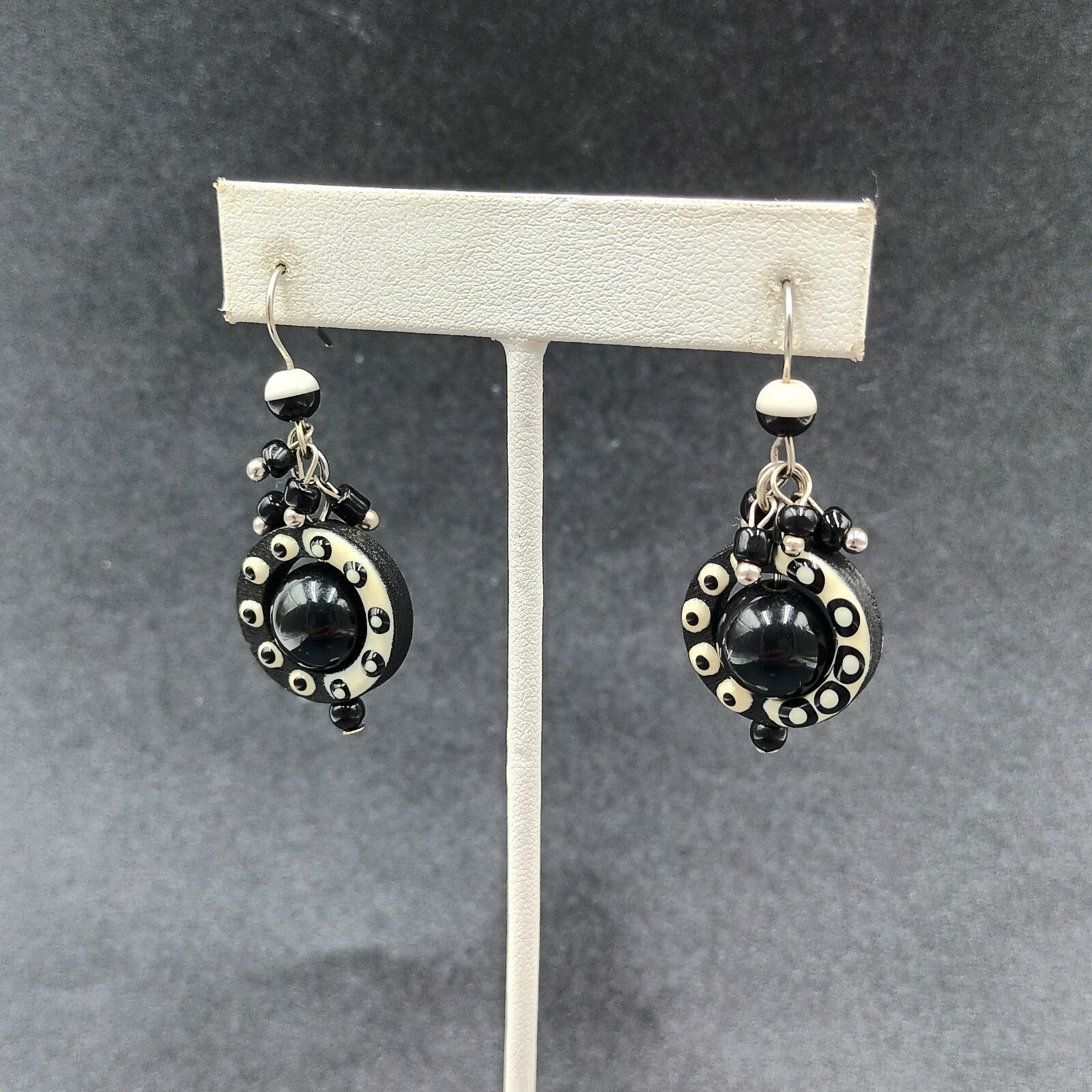 Pierced Earrings Black White Acrylic Captive Bead Statement Dangle 1 1/2"