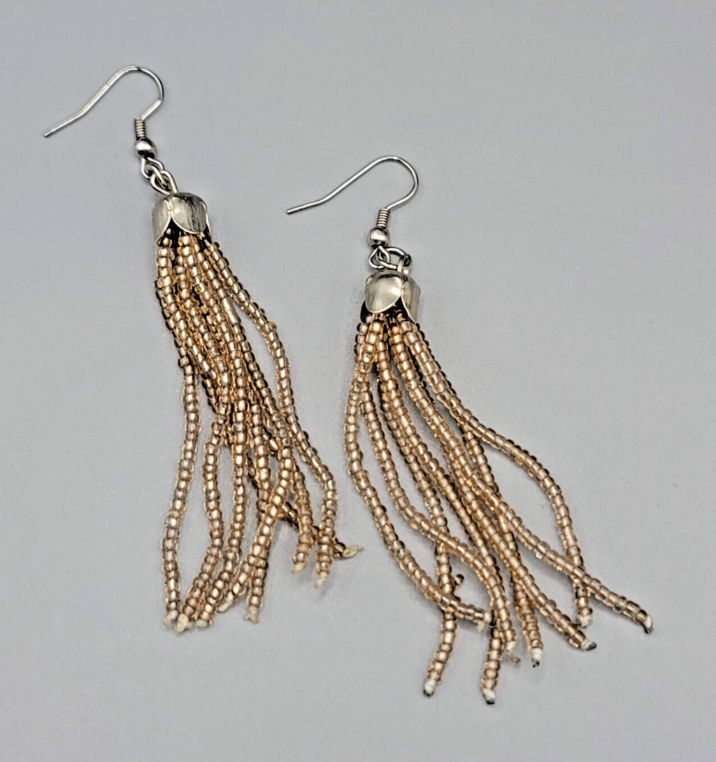 Tassel Pierced Earrings Silver tone Clear Tan Seed Bead Dangle 2.75"