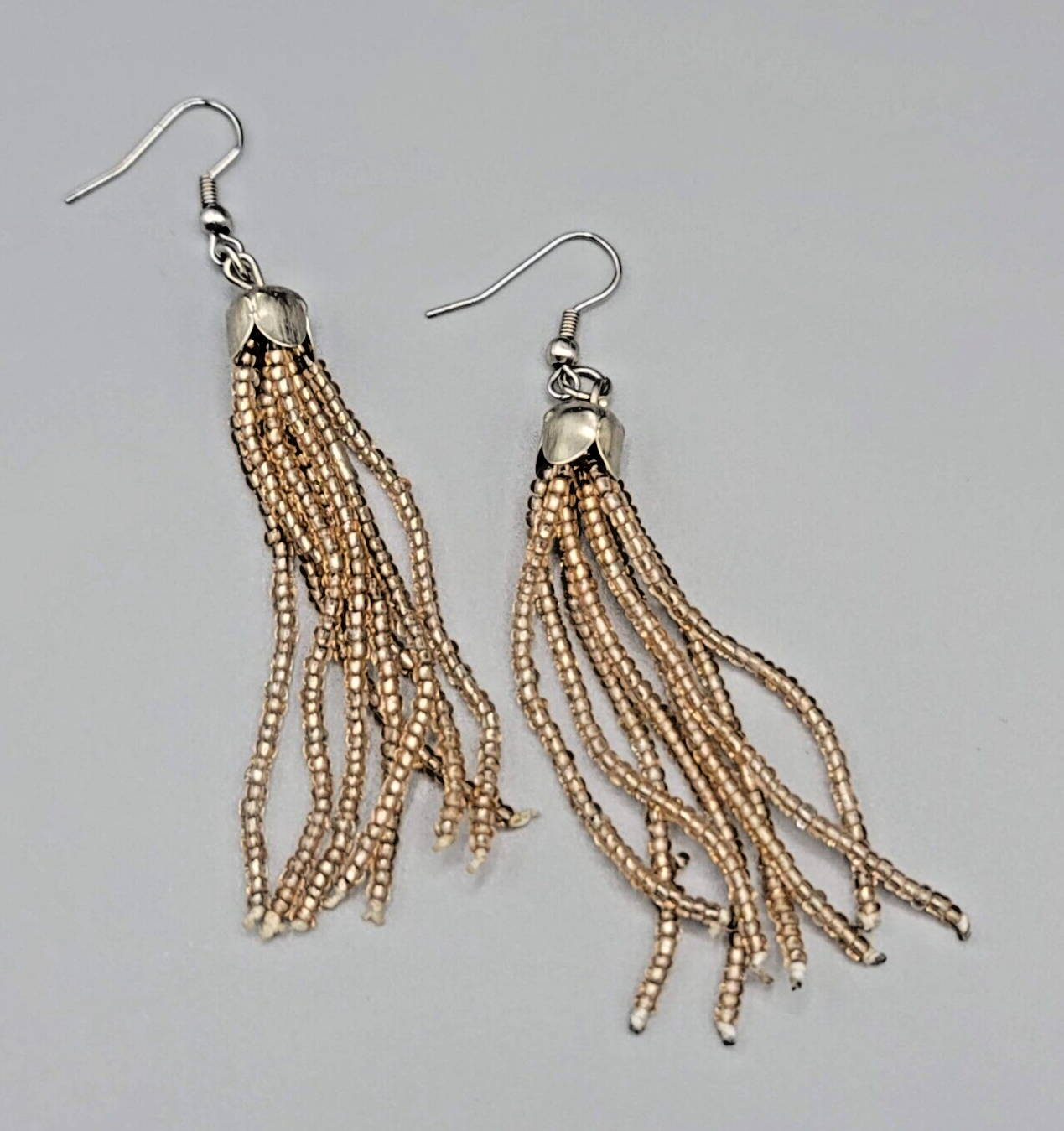 Tassel Pierced Earrings Silver tone Clear Tan Seed Bead Dangle 2.75"