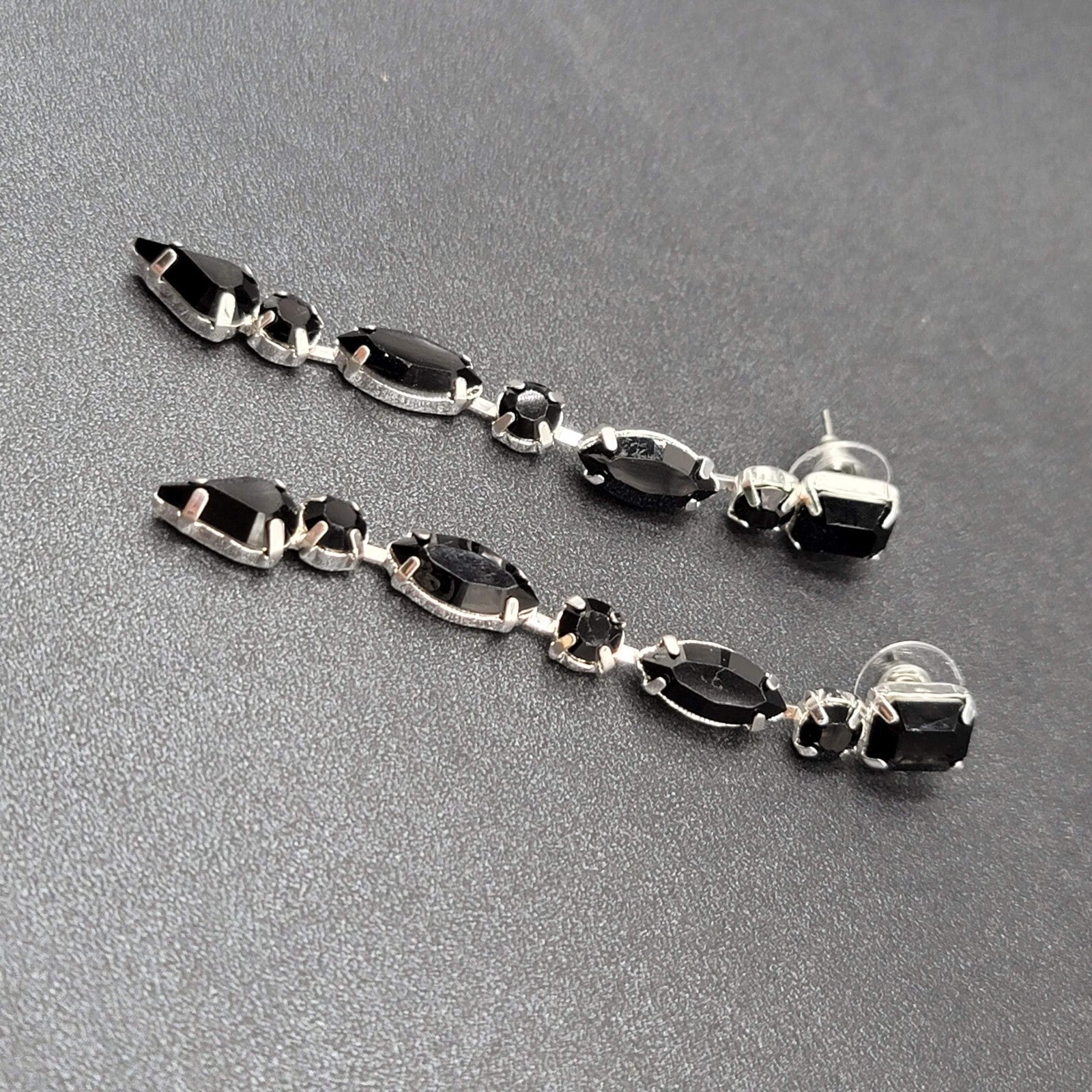 Pierced Earrings Silver tone Acrylic Black Prong Set Dangle 3"