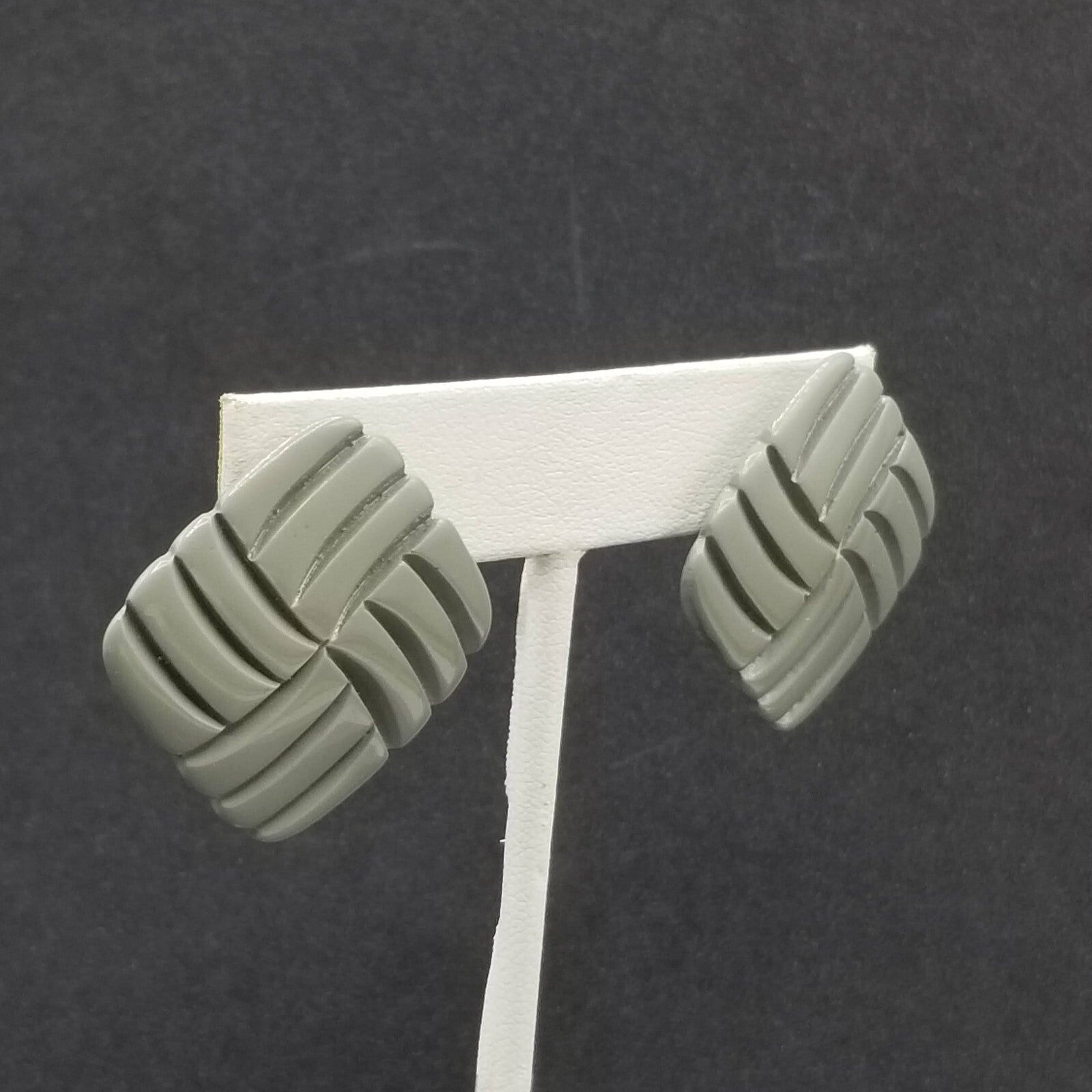 Vintage 1980's Pierced Earrings Gray Acrylic Square Geometric Drop Stud 1 1/4"
