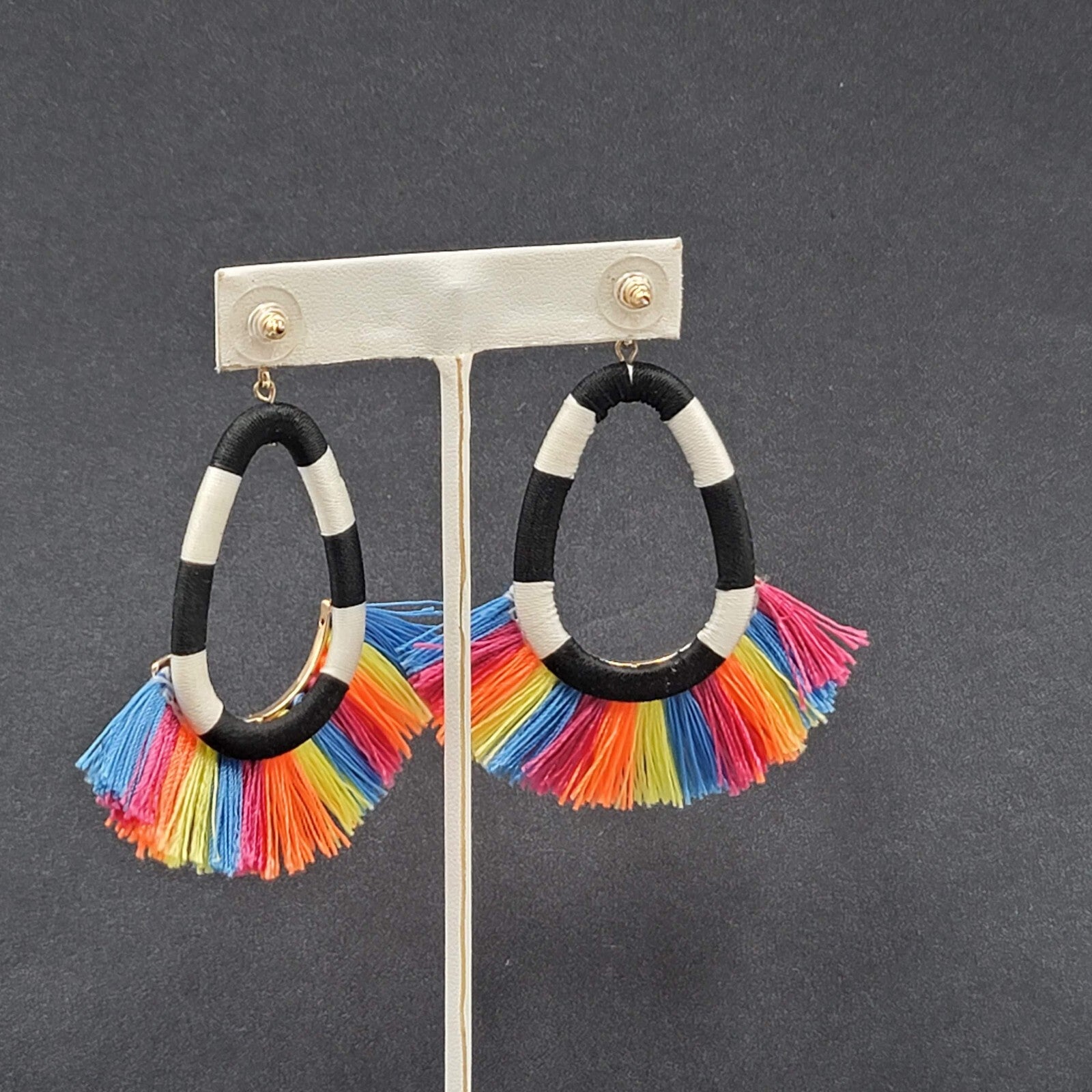 SugarFix Pierced Earrings Rainbow Black White Tassel Dangle Hoops 3"