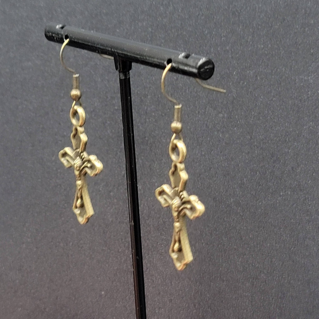 New Crucifix Cross Pierced Earrings Bronze tone Dangle 1 1/8"