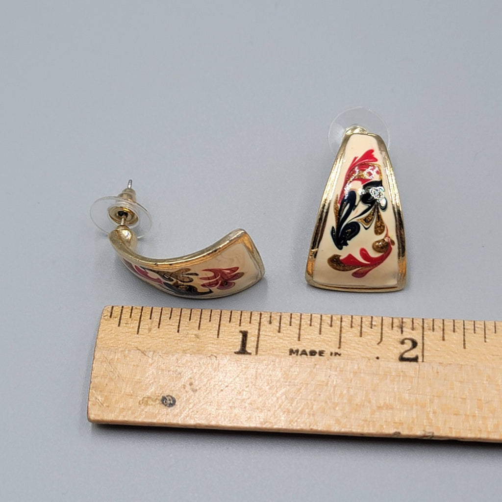 Vintage Pierced Earrings White Red Green Enamel Gold tone Drop 1"