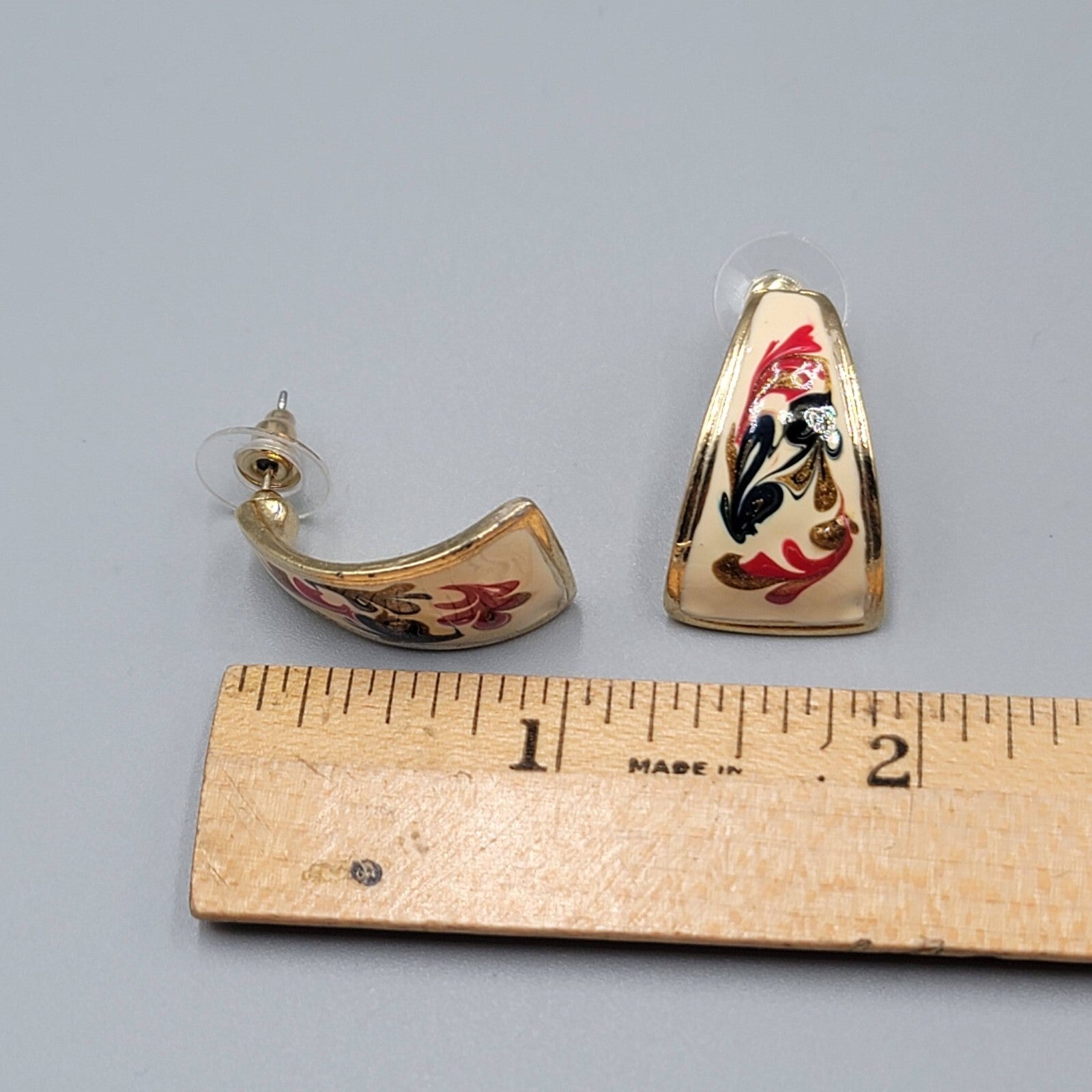 Vintage Pierced Earrings White Red Green Enamel Gold tone Drop 1"