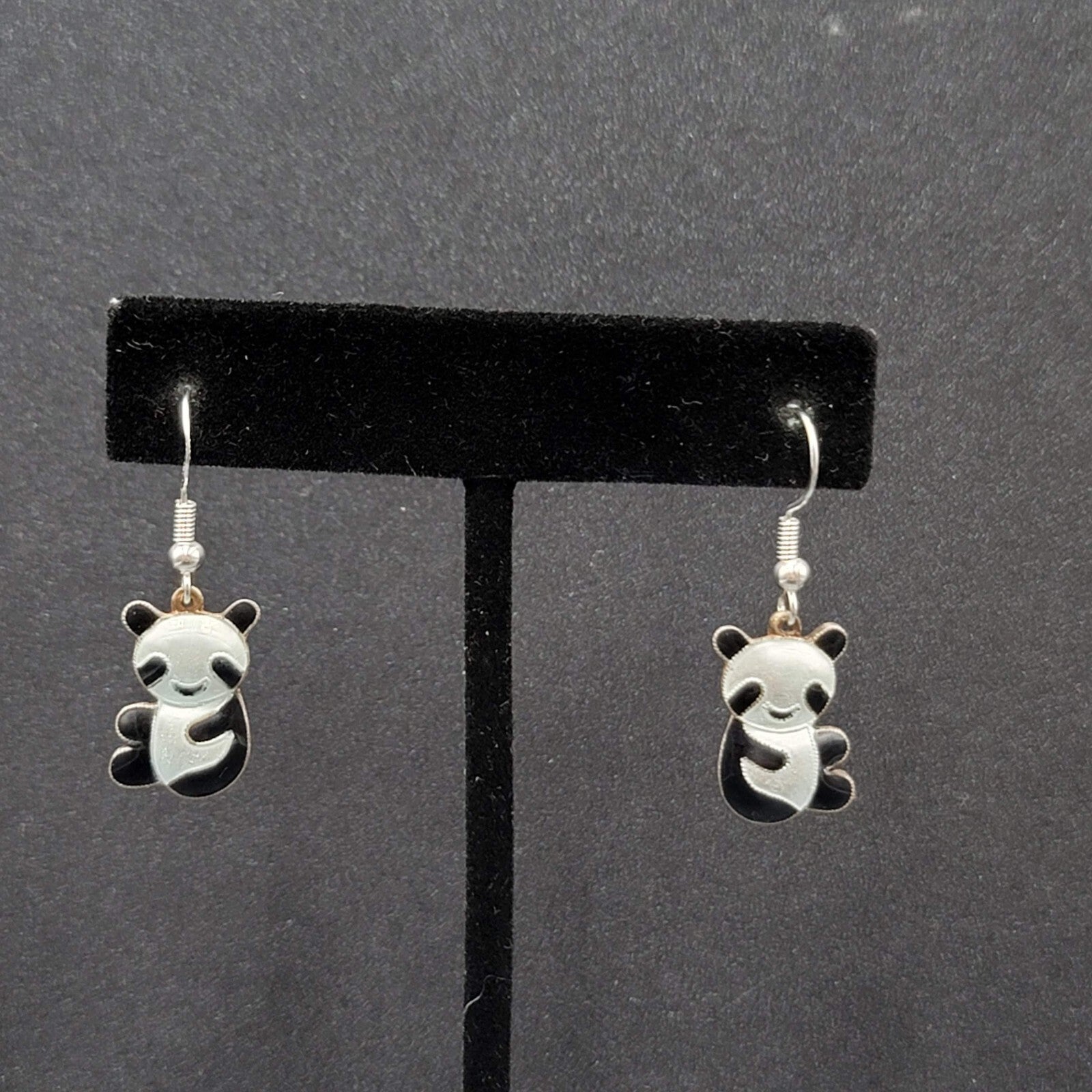 Panda Sterling Silver Pierced Earrings Enamel Dangle 3/4"