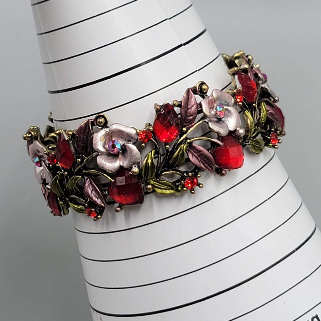 Pink Enamel Rhinestones Flowers Bracelet Bronze tone 7 in