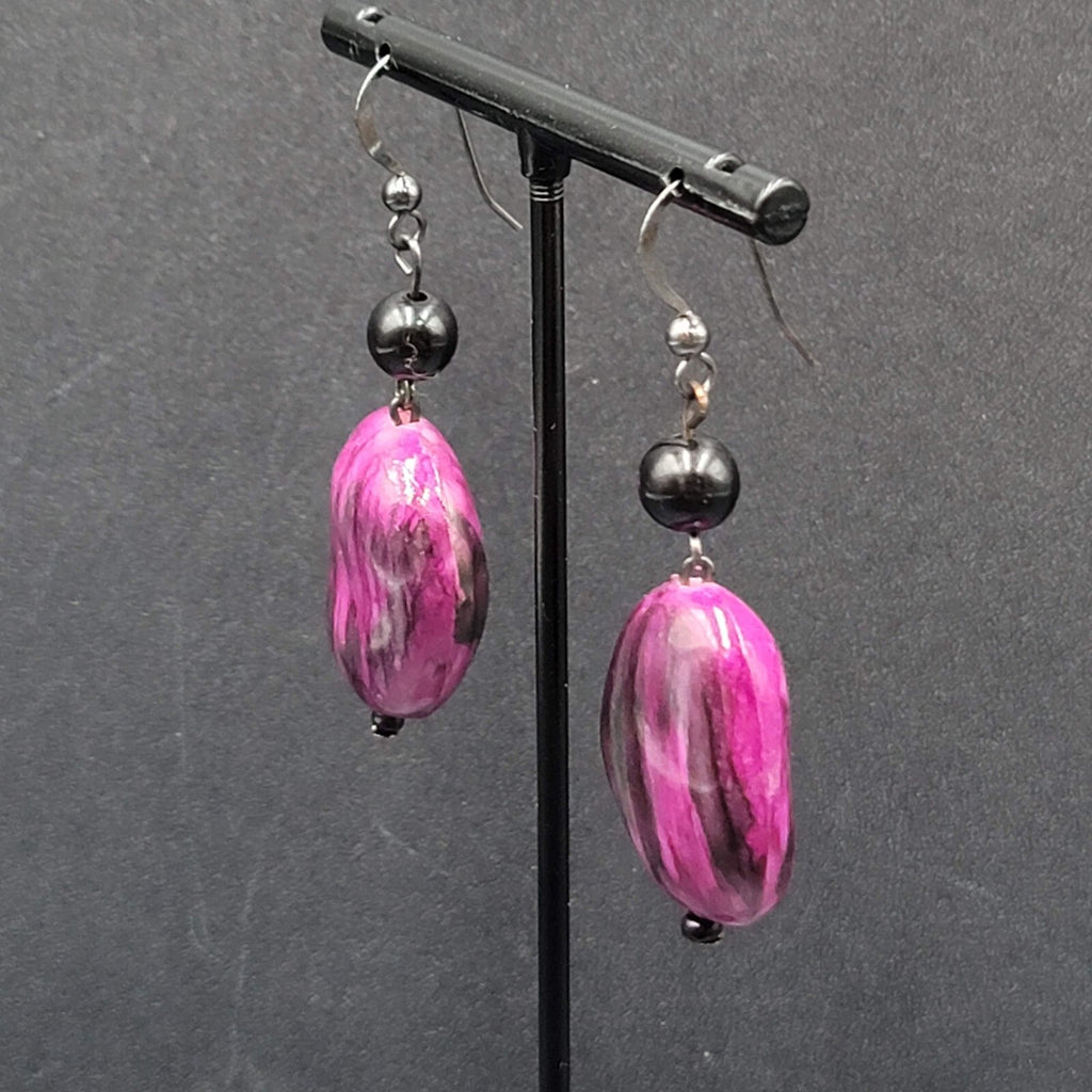 Pierced Earrings Acrylic Purple Black Statement Beads 1.75"