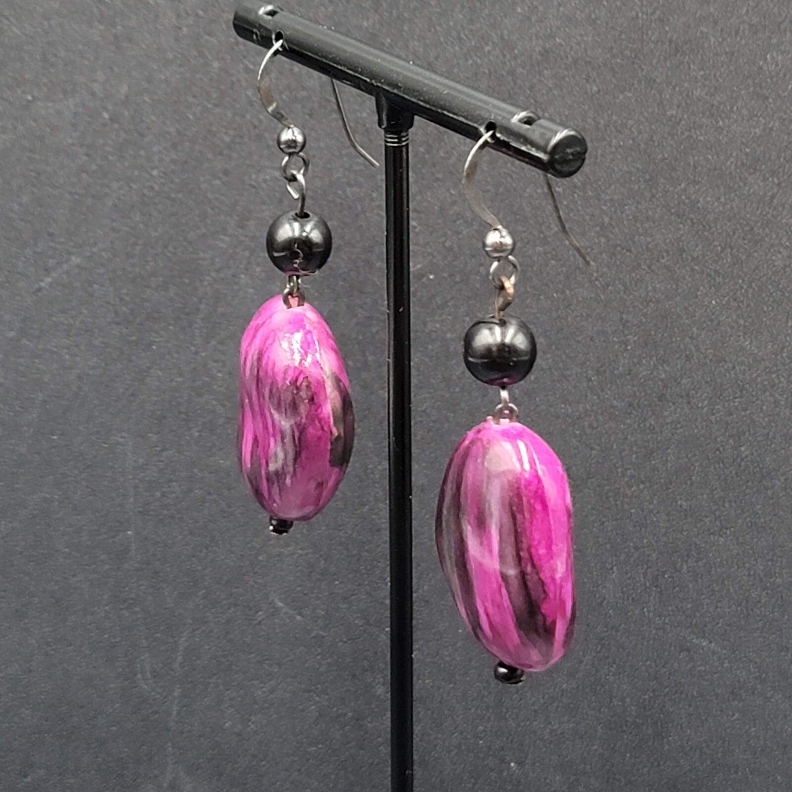 Pierced Earrings Acrylic Purple Black Statement Beads 1.75"