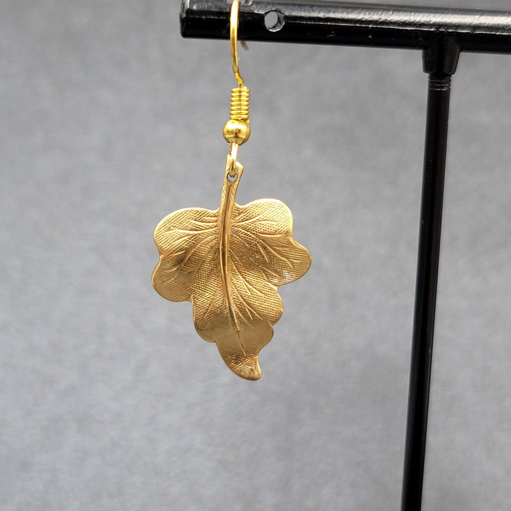 Pierced Earrings Brushed Gold Plated Dangle Detailed Leaves 1 1/8"