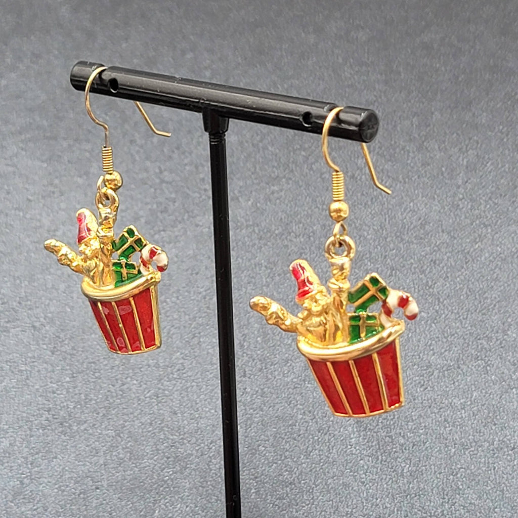 Christmas Pierced Earrings Gold Plated Presents Santa Candy Cane Dangle 1 1/8"