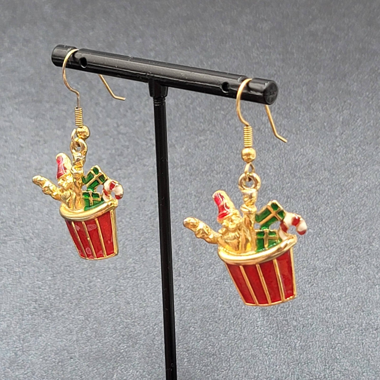 Christmas Pierced Earrings Gold Plated Presents Santa Candy Cane Dangle 1 1/8"