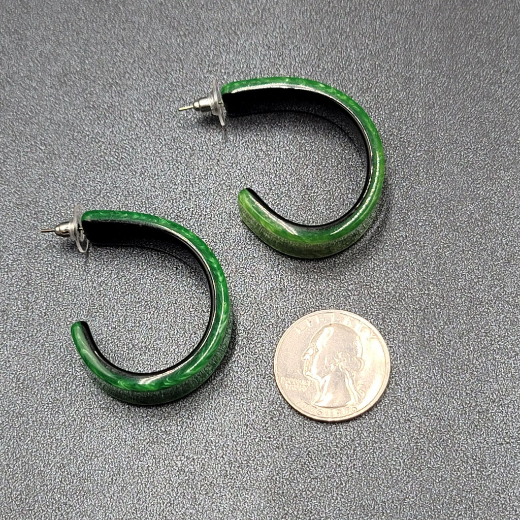 Pierced Earrings Green Black Resin Hoops Artsy 1 5/8"