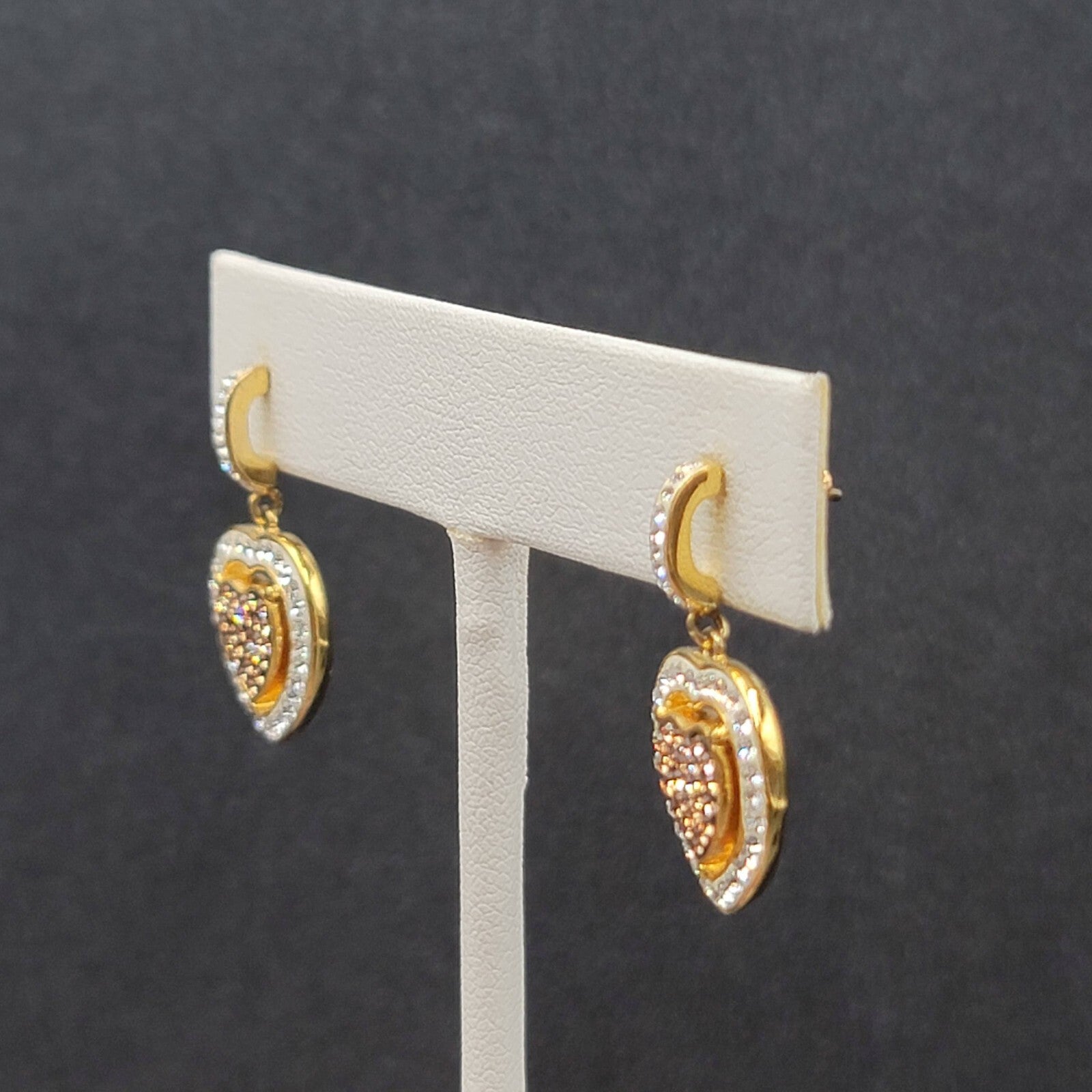 Sterling Silver Pierced Earrings Gold Plated Crystal Heart Dangle 1" 925