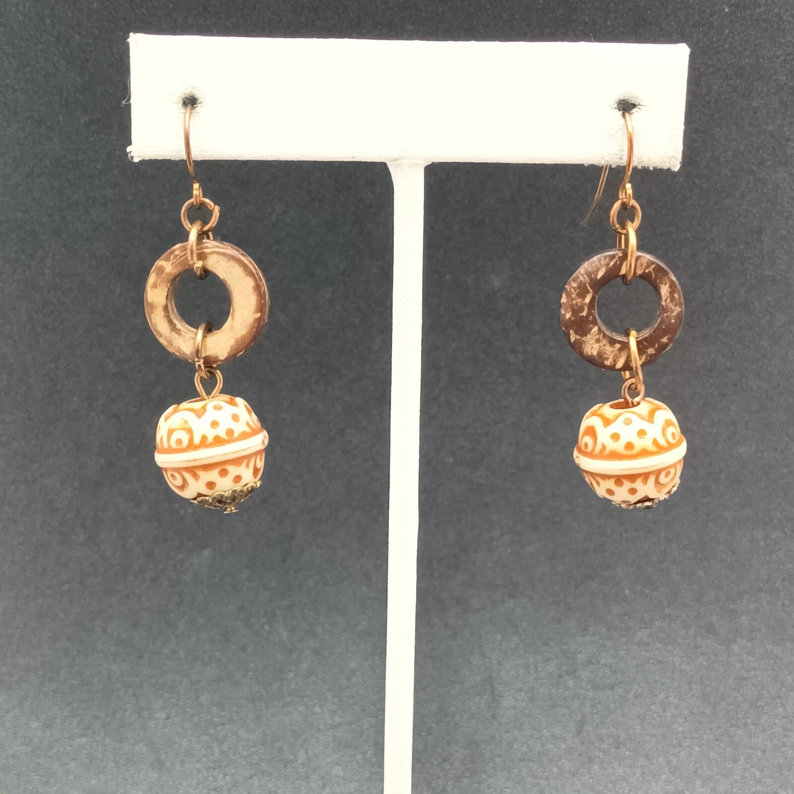 Pierced Earrings Carved Coconut Shell Copper tone Hook Statement Dangle 1 3/8"