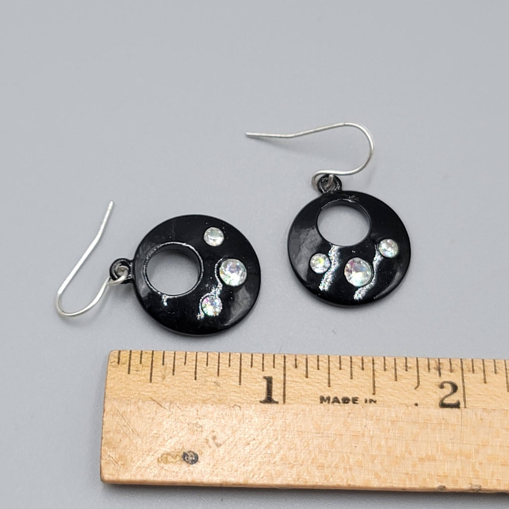 Pierced Earrings Black Enamel AB Rhinestone Silver tone Dangle 7/8"