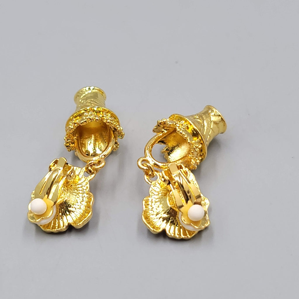 Vintage Pink Enamel Flower Clip on Earrings Gold tone Dangle Basket 1.75"