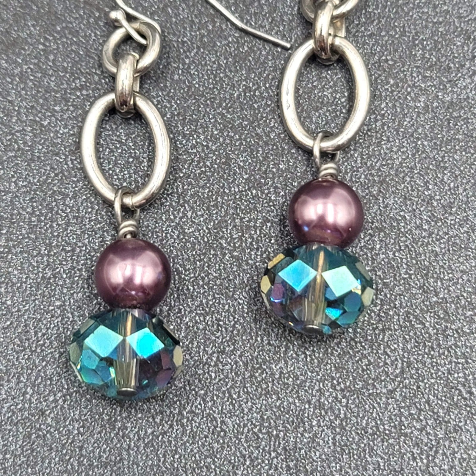 Pierced Earrings Silver tone Blue Crystal Pearl Beaded Dangle 1.75"