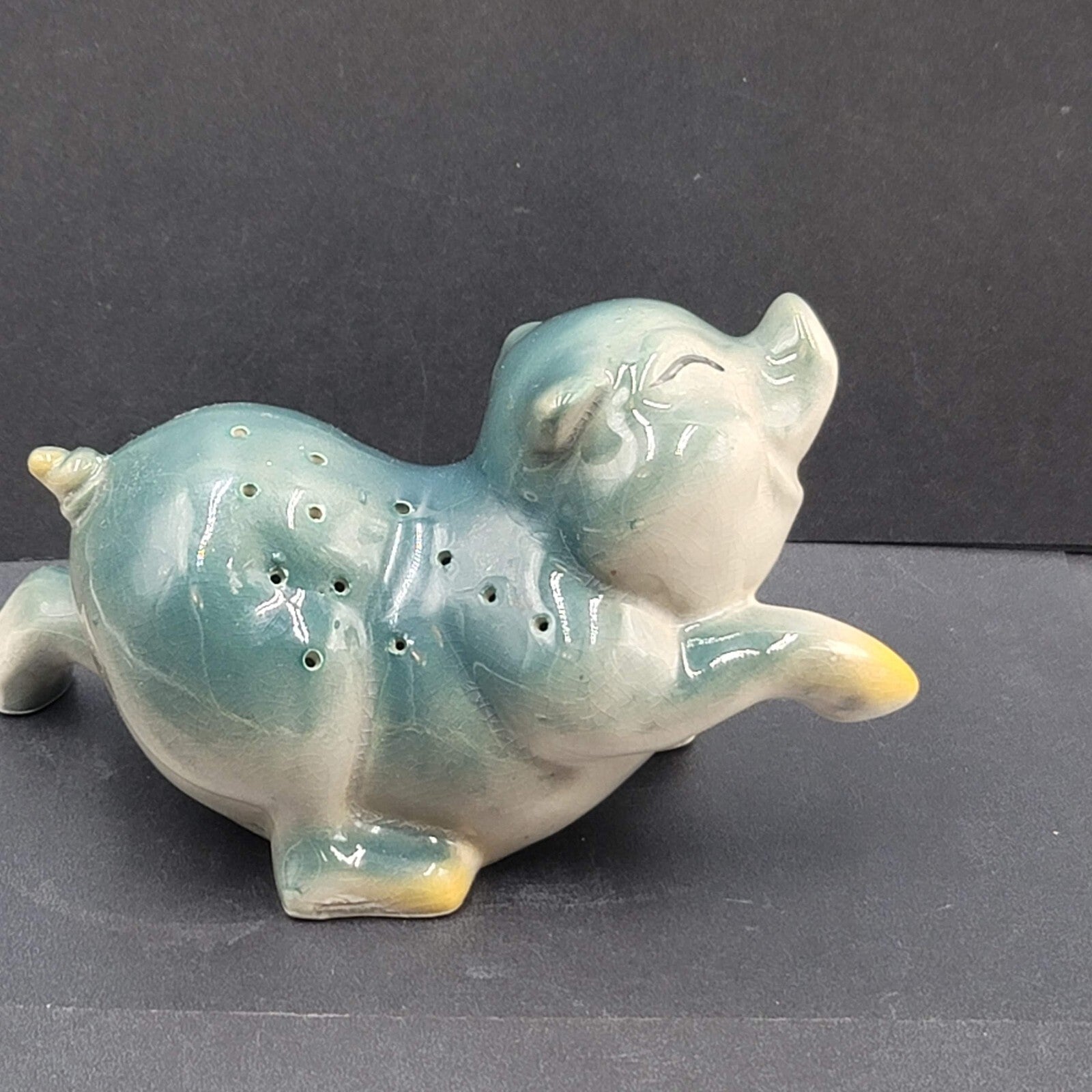 Vintage Blue Green Pig Toothpick Appetizer Server Ceramic MCM 7" x 3.5”