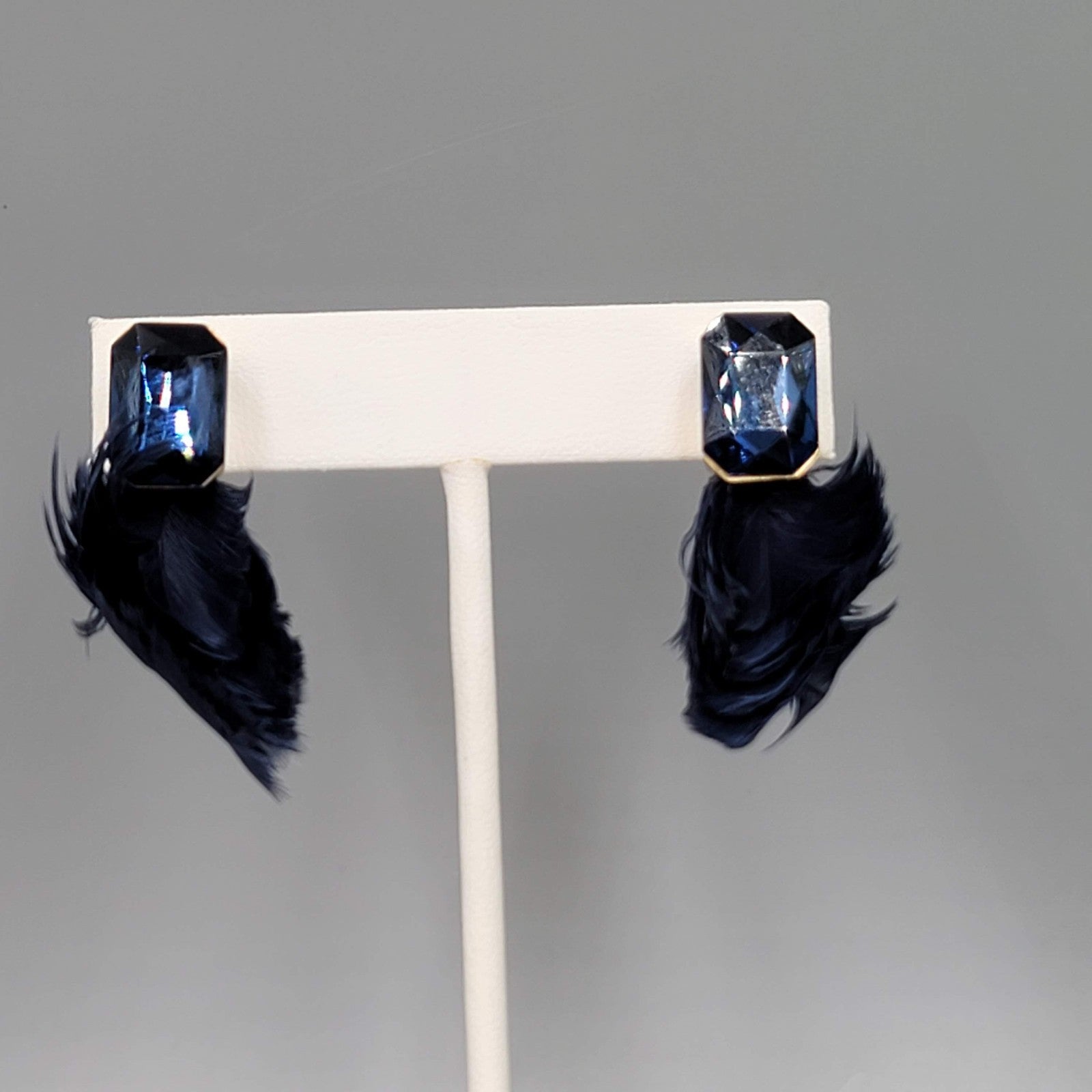 Real Feather Dark Blue Rhinestone Pierced Earrings Drop 1.5 in