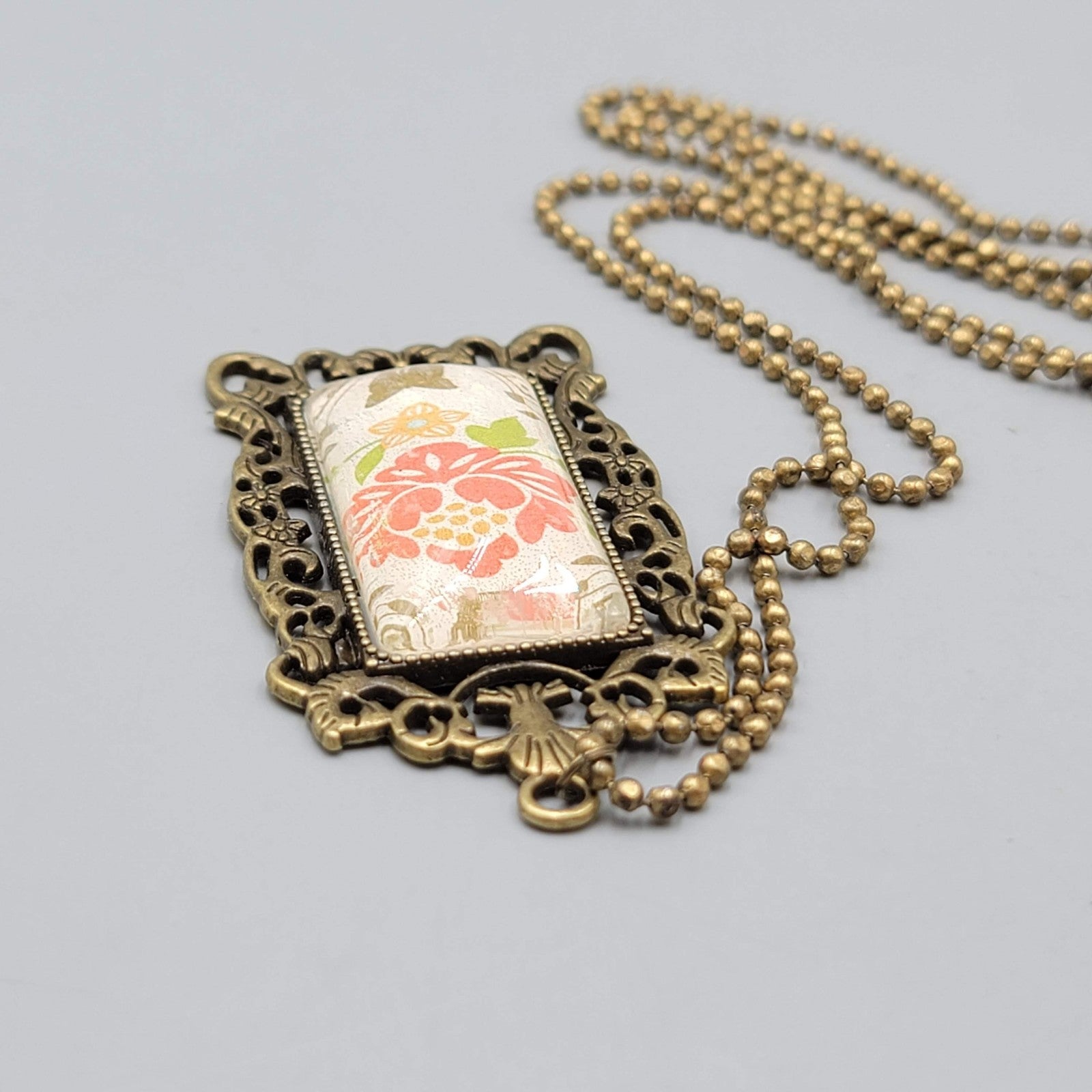 Vintage Floral Glass Framed Pendant Necklace 30" Ball Chain Bronze tone