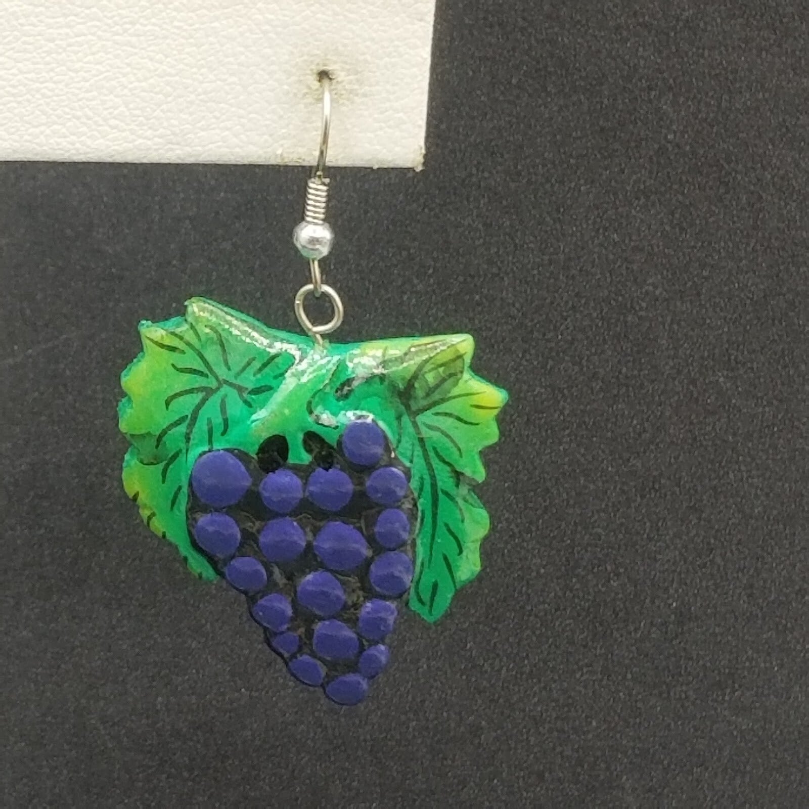 Vintage Pierced Earrings Green and Purple Hand painted Grape Dangle 1 3/8"