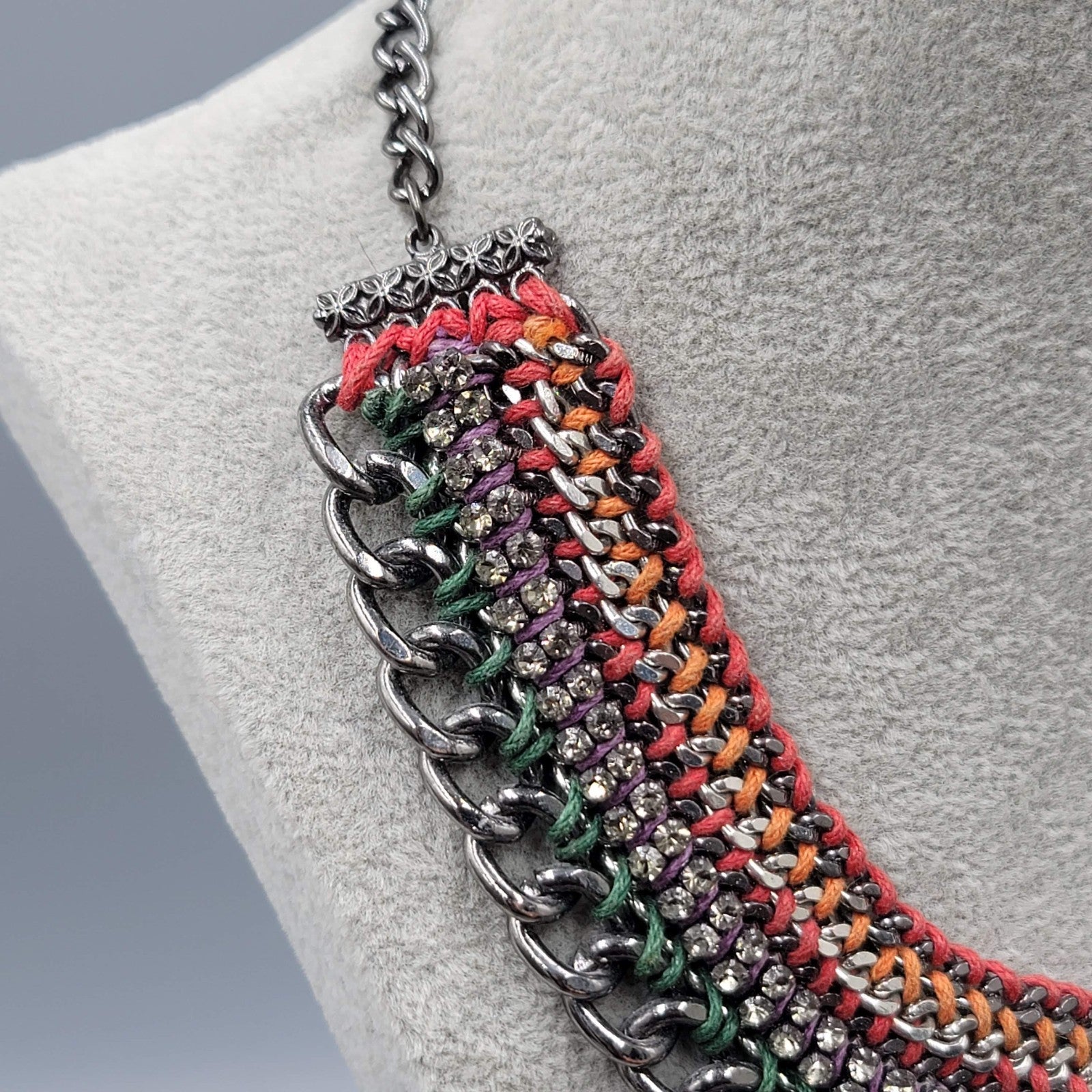 Chain Bib Necklace Rhinestone Red Orange Purple Green 16"-18"