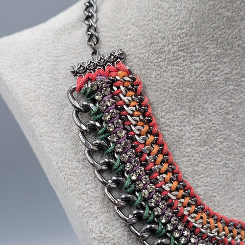 Chain Bib Necklace Rhinestone Red Orange Purple Green 16"-18"