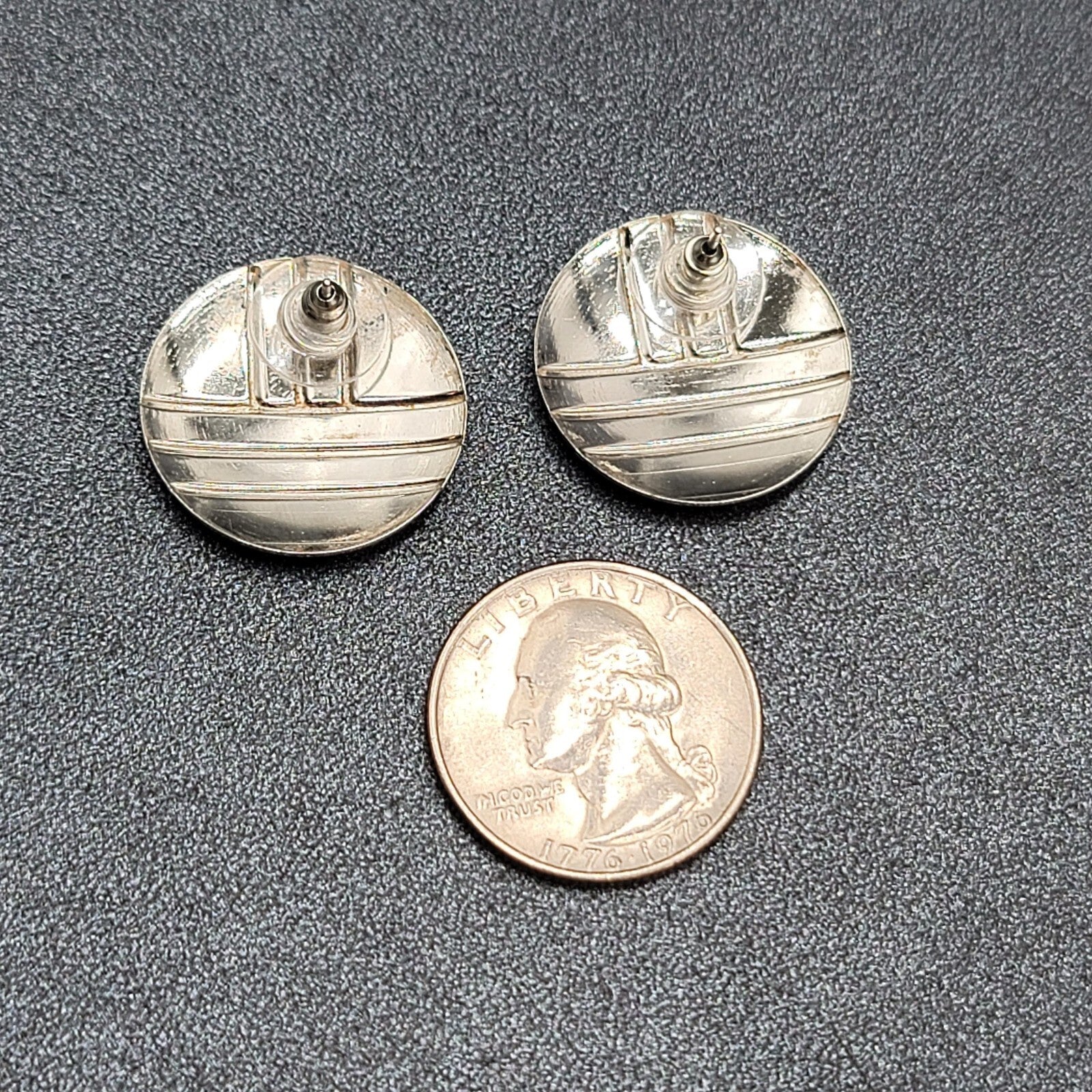 Vintage Pierced Earrings Round Silver tone Peach Tan Enamel 1"