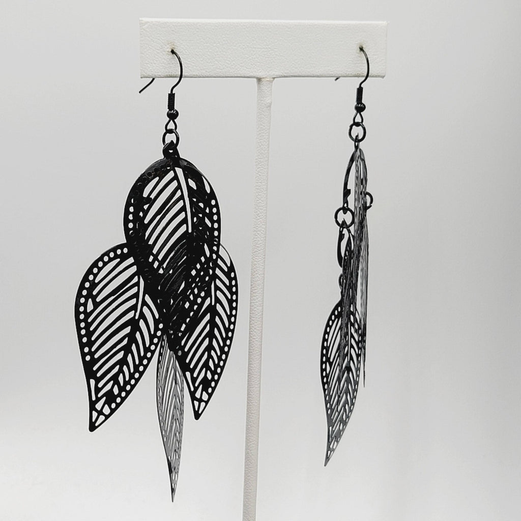 Large Statement Pierced Earrings Black Enamel Leaf Chandelier Dangle 3.5"