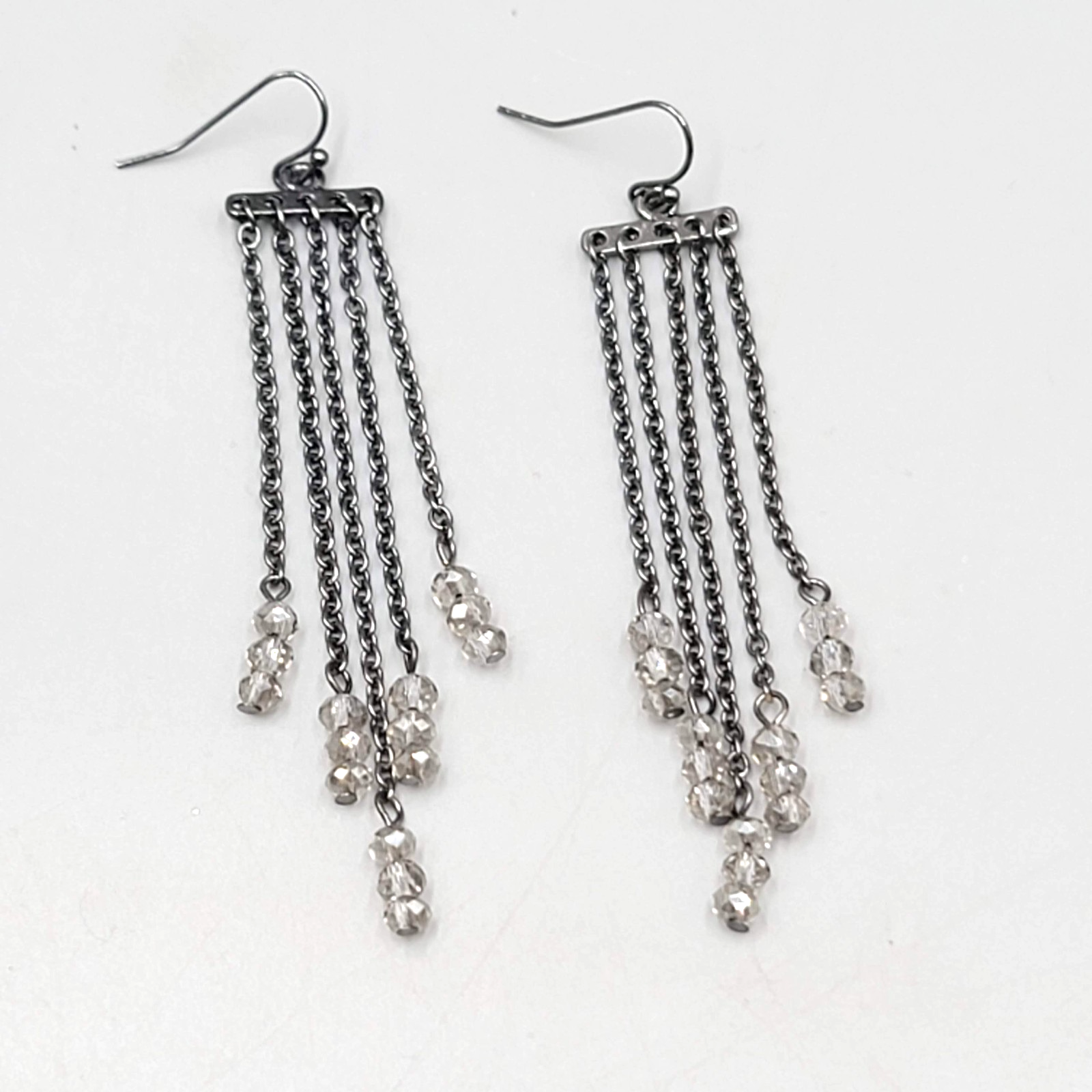 Black Metal Pierced Earrings Long Dangle Chains Beaded 3"