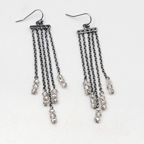 Black Metal Pierced Earrings Long Dangle Chains Beaded 3"