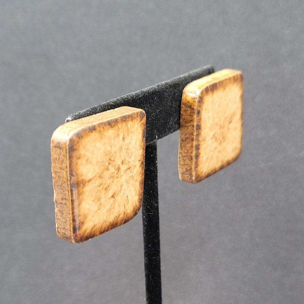 Pierced Earrings Clay Pottery Squares Brown  1 1/8"