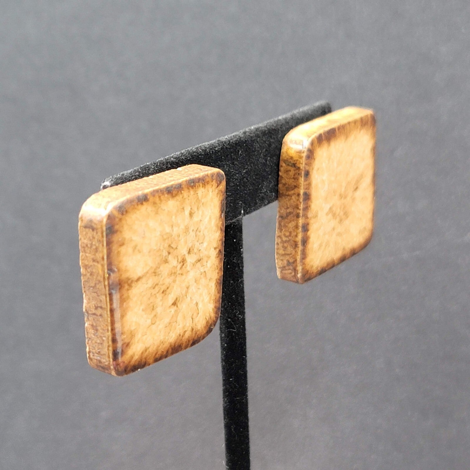 Pierced Earrings Clay Pottery Squares Brown  1 1/8"